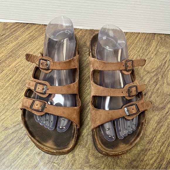 Birkenstock Brown Leather Three Strap Cork Sole Slide Sandals Size 9 - Picture 3 of 12